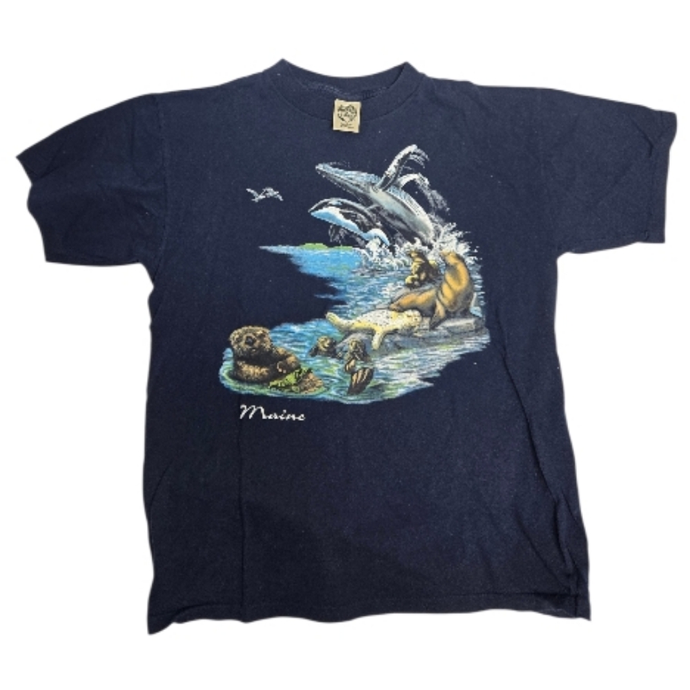 VINTAGE 90s Maine animal wildlife short sleeve navy blue‎ crew neck tee shirt L